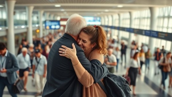 Couple embracing at Pennsylvania's biggest airport amid reduced FAA flights.