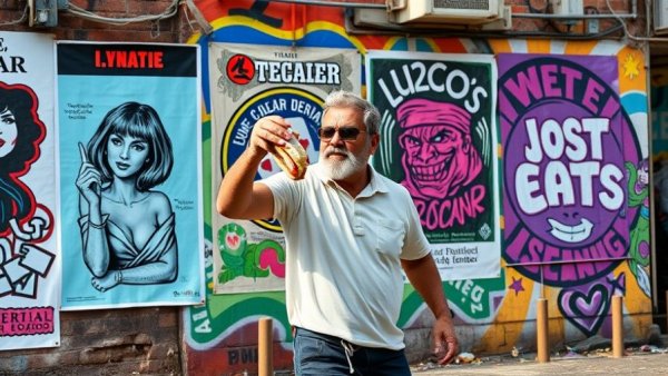 Street art of protester throwing sandwich on urban wall.