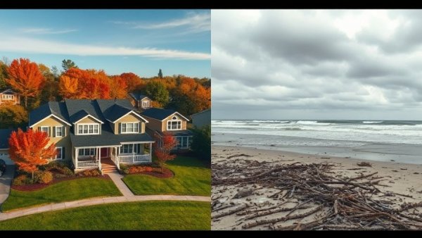 Pennsylvania vs Delaware moving scenery comparison, suburban homes vs stormy beach.
