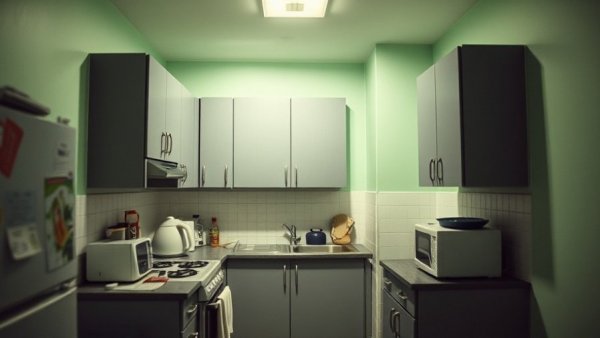 Cozy kitchen with gray cabinets and stainless appliances, casual setting.