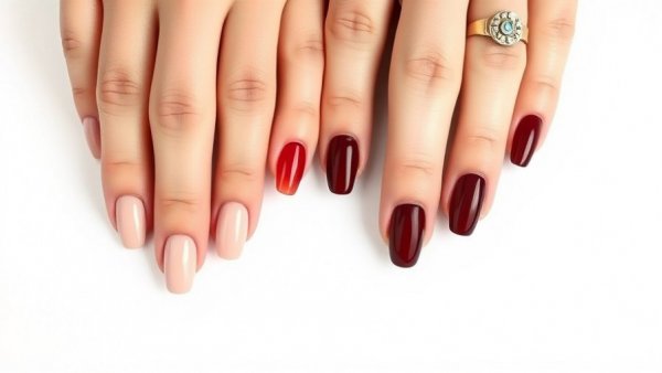 Elegant nude and burgundy nail colors for December, side by side.