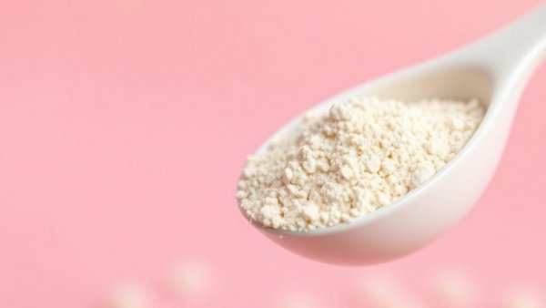 Bovine colostrum supplement powder with scoop on pink background.