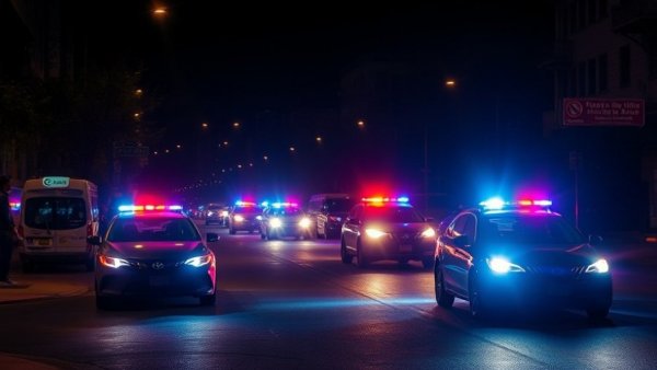 Police vehicles with flashing lights, officers facing charges headline, night scene.