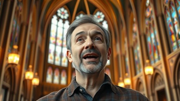 Man speaking inside a cathedral, highlighting connections that enrich your travels.