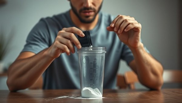 Man preparing creatine drink, discussing creatine side effects.
