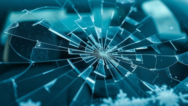 Shattered car windshield from frozen water balloon attack.