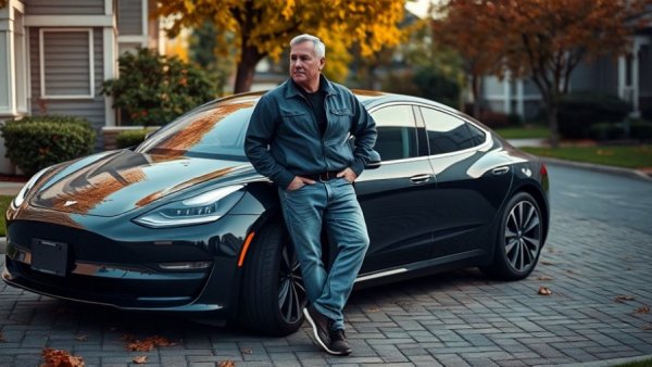 Contemplative man with electric car, investing during tough economic times.