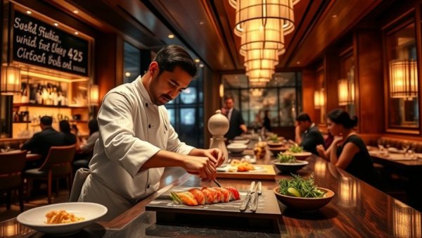 Sushi chef prepares dish at Philadelphia sushi restaurant waitlist.