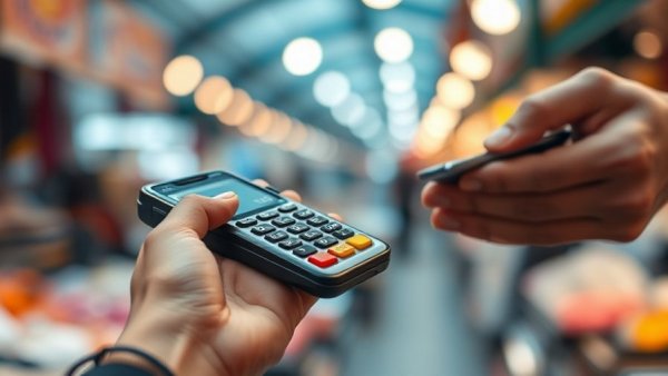Complicated credit card checkout showing hands with card reader and smartphone in a market.