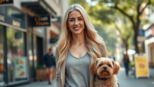 Elegant woman practices self-care by walking with her dog.