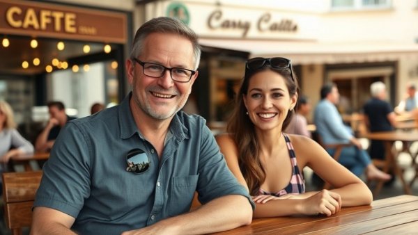 Smiling man and woman seated outdoors at a cafe.