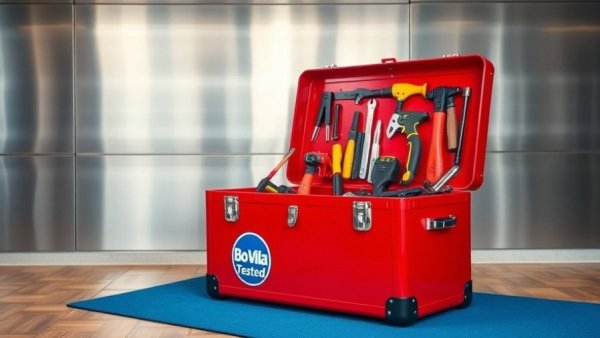 Under-$50 steel tool box with tools and Bob Vila Tested badge.