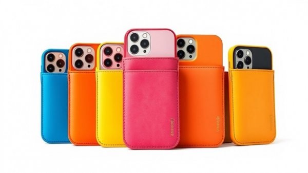 Vibrant iPhone pockets standing upright on a white background.