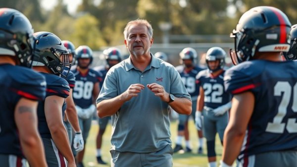 Football coach directing players on the field, committed training.
