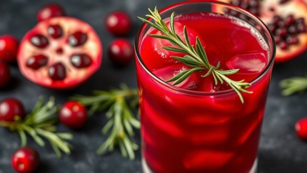 Refreshing cranberry and pomegranate juice with rosemary and ice.