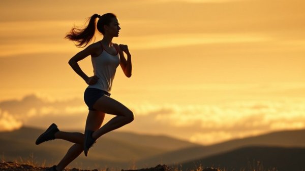 Silhouetted runner at sunrise in mountainous terrain, evoking energy.