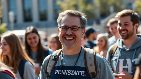 Smiling Penn State coach motivates students outdoors.