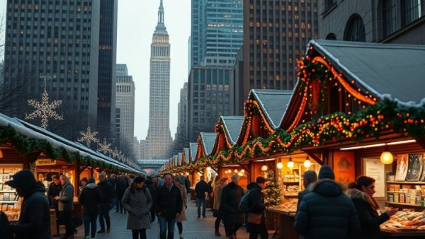 Winter market in Pennsylvania, festive atmosphere with lights and crowds.