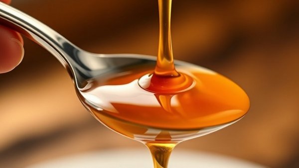 Close-up of syrup pouring into a spoon, highlighting Maple Syrup vs. Agave Syrup.