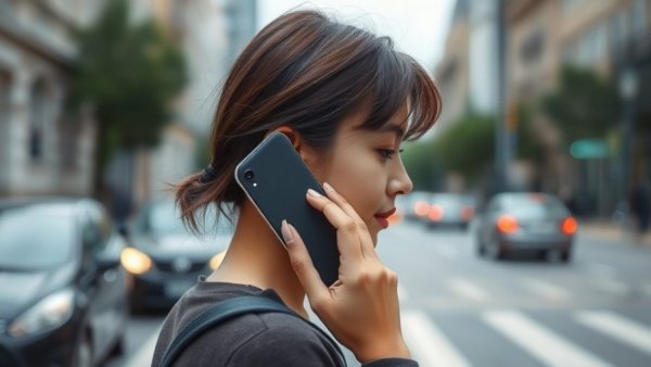 Young woman in a city street, venting anger on phone, blurred cars.