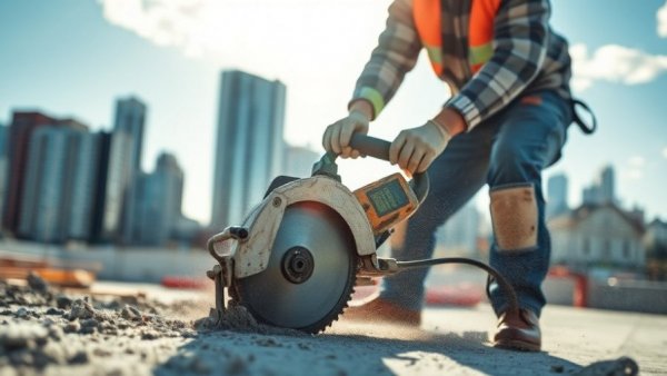 Construction worker using concrete saw at urban site