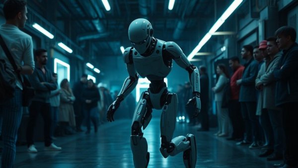 Humanoid robot stumbling during Russian Robotics Innovation Unveiling.