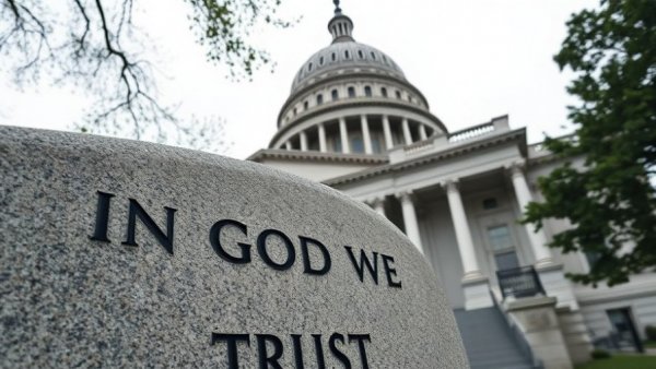 Pennsylvania Capitol building with 'IN GOD WE TRUST' stone in foreground, cloudy sky.