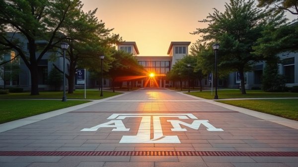 Texas A&M University campus with sunset light and A&M logo.