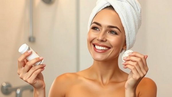 Smiling woman applying winter skincare layering routine in bathroom.