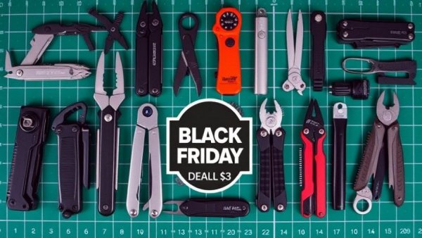 Early Black Friday multitool deals with assorted tools on green grid.
