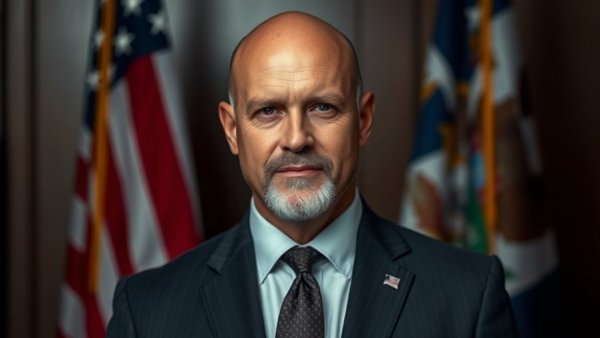 Formal portrait of a bald man in a suit with American flags in background.