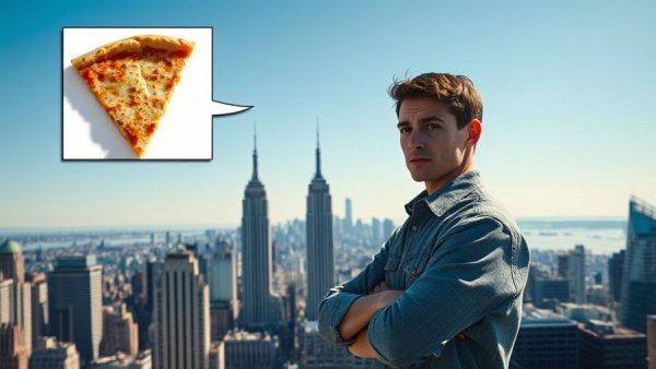 Overrated New York City depiction with skyline and pizza slice.