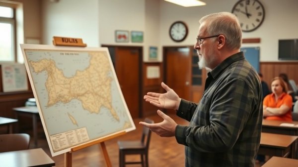 Retired litigator teaching high school students history in classroom.