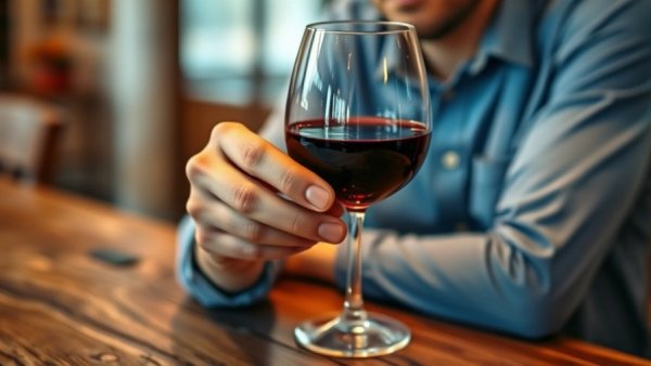 Close-up of a hand holding a wine glass on a table, related to wine and inflammation.