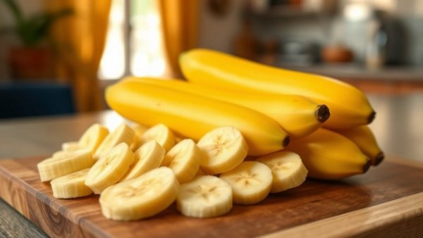 Sliced bananas on a wooden board, perfect for potassium and energy boost.