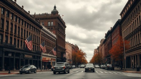 Moody urban street with historic buildings and American flags in Ohio.