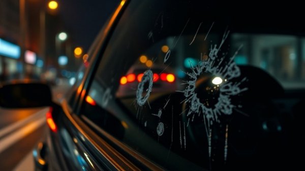 Philadelphia gun violence depicted through bullet-ridden car window.