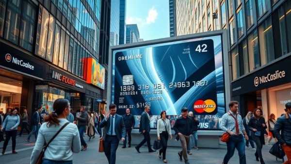 Urban foot traffic in front of premium credit card advertisement.