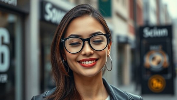 Stylish woman smiling outdoors, urban setting, soft daylight.