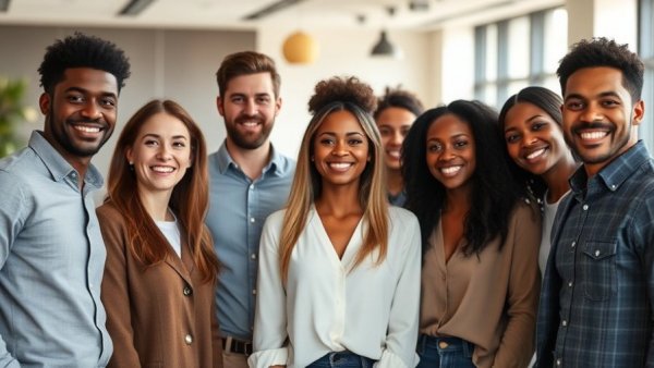 Diverse professionals smiling in conference room.