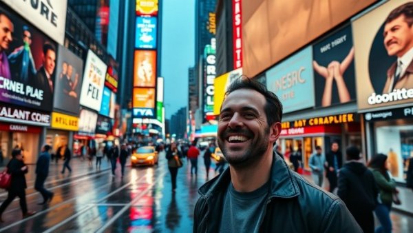 Smiling man in rainy Times Square, illustrating 'Save Money in New York City'.