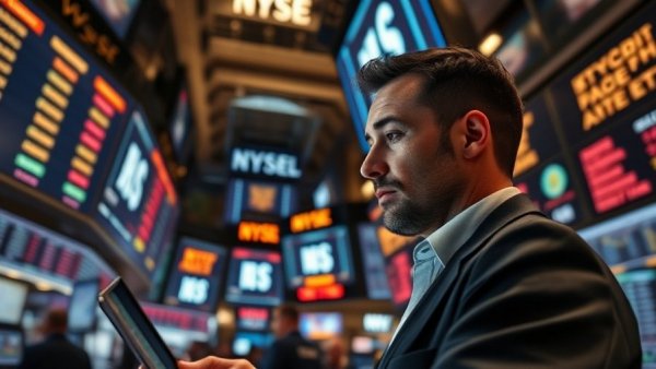 Stock trader examines data amid lively stock exchange environment.