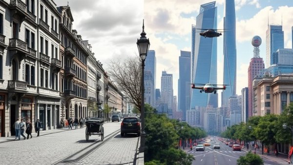 Juxtaposition of historic and futuristic cityscape, symbolizing most moved-to city in 10 years.