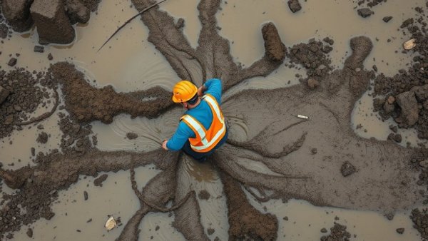 Construction worker on muddy site reflects Amazon Climate Summit Challenges.