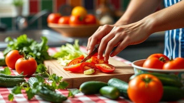 Hands preparing vegetables on a checkered tablecloth, best time to eat dinner in winter.
