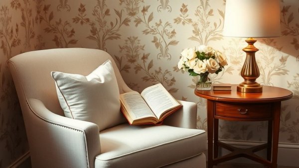 Cozy reading nook with a white armchair and wooden table for home upgrades on Etsy.