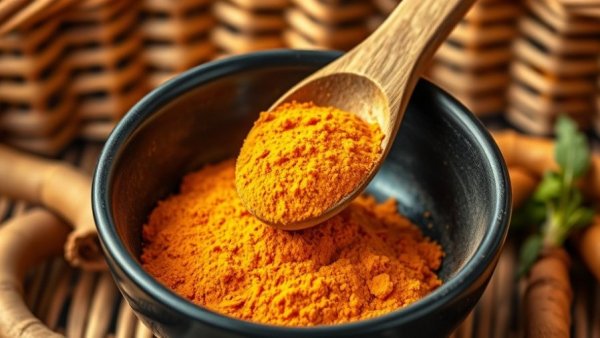 Turmeric powder in a bowl with roots highlighting health benefits