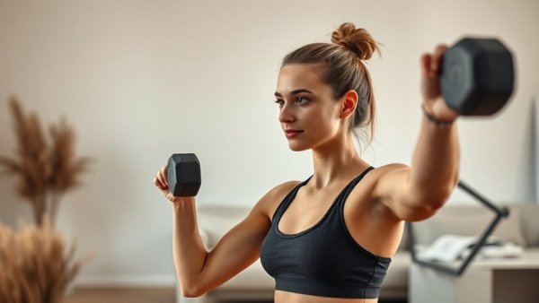 Strength training GLP-1 users - focused woman with weight exercising indoors.