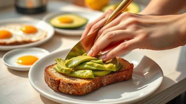 Heart healthy breakfast with avocado toast preparation.