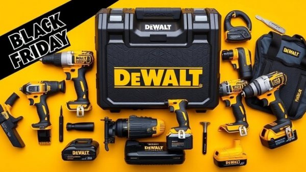 DeWalt tool set Black Friday deals displayed on yellow background.
